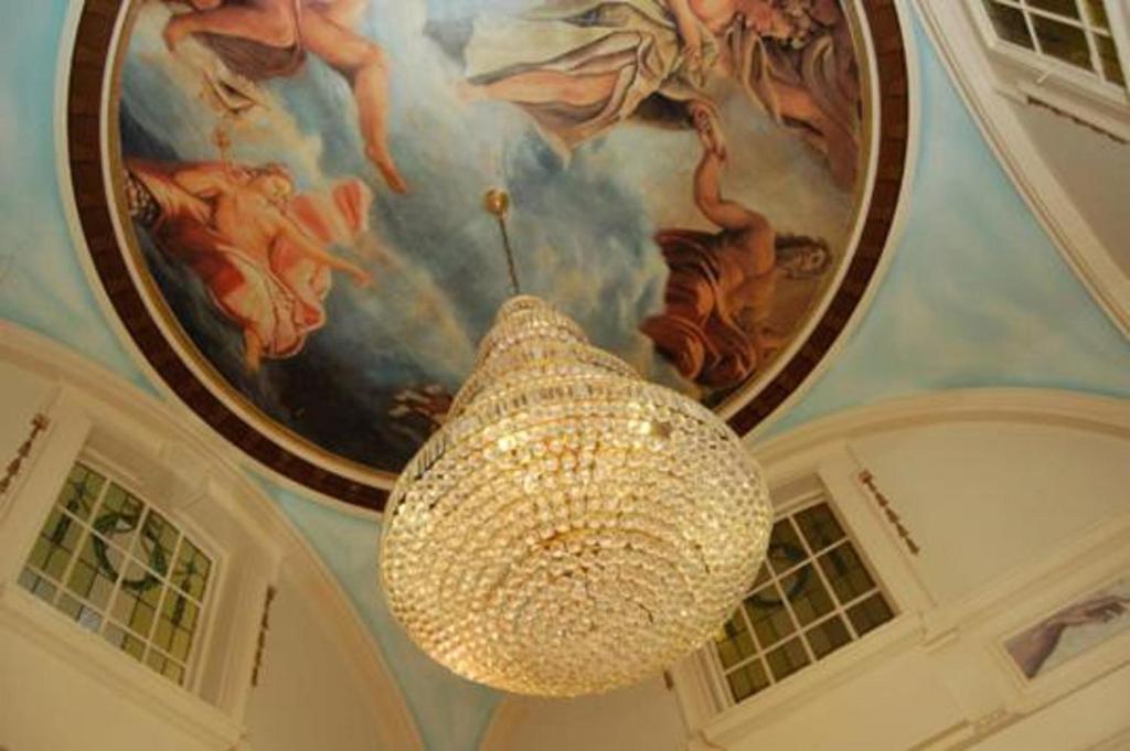 Painted ceiling and chandelier
