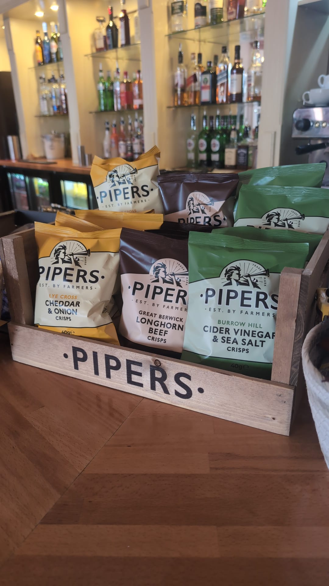 Pipers crisps display on the bar