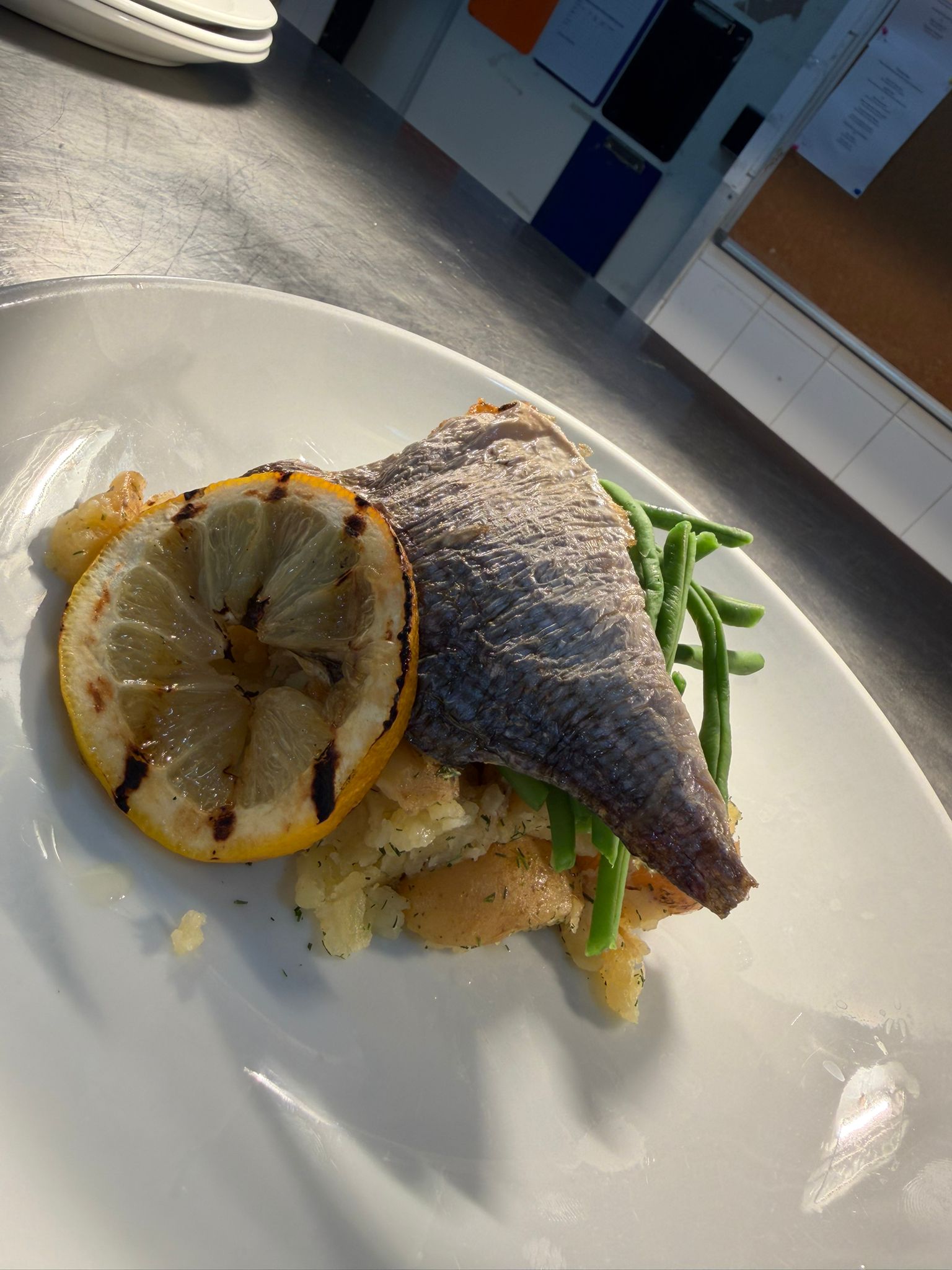 Plated seabass dish, close view